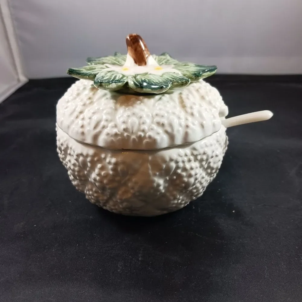 Vintage Majolica Cauliflower Jam Lidded Small Jar